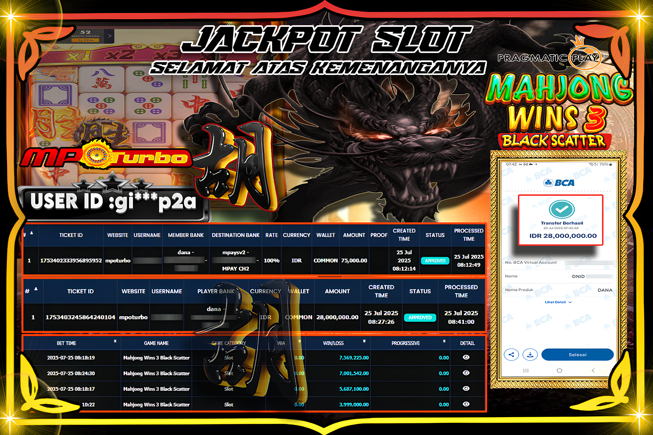 MPOTURBO JACKPOT MAHJONG WINS 3 BLACK SCATTER Rp28,000.000.00,- LUNAS